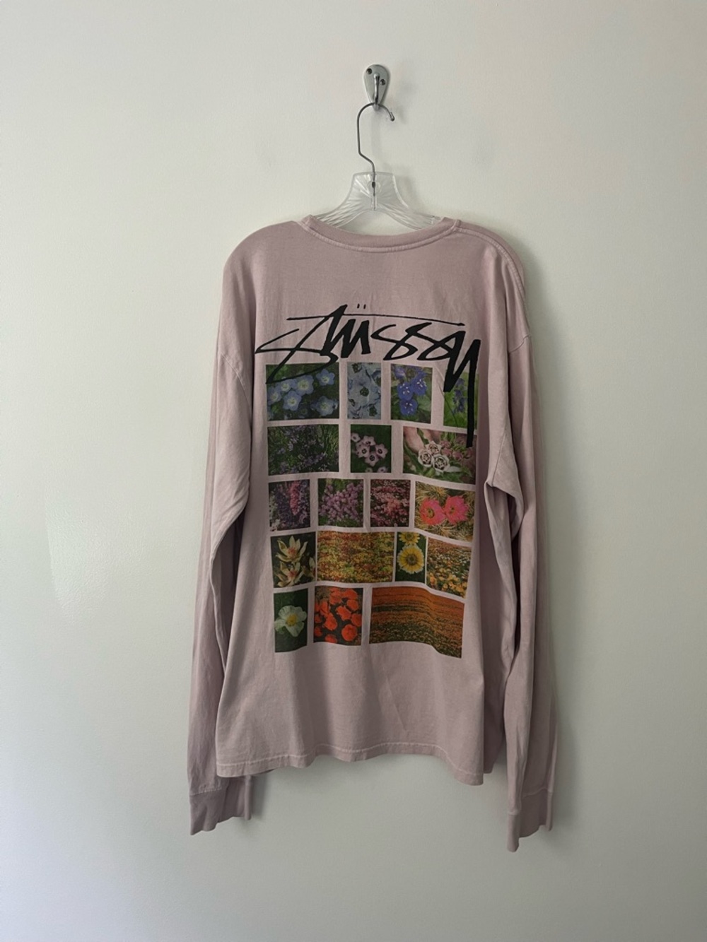 Stussy Flower Grid Pink Graphic Long Sleeve Crew T Shirt XL